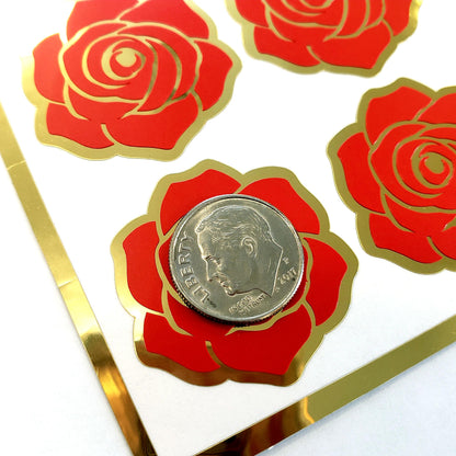 Roses Sticker Sheet, set of 15 red and gold flowers for garden wedding, envelopes, notebooks, journals, laptops and spring crafts.