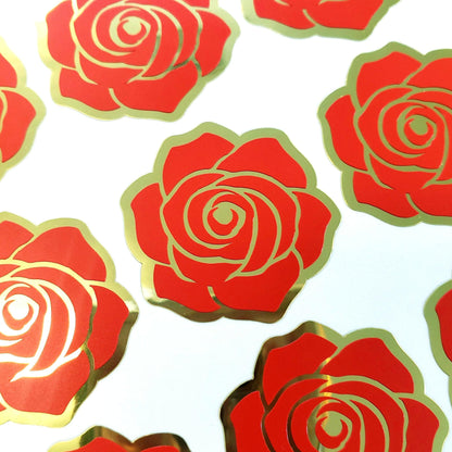 Roses Sticker Sheet, set of 15 red and gold flowers for garden wedding, envelopes, notebooks, journals, laptops and spring crafts.