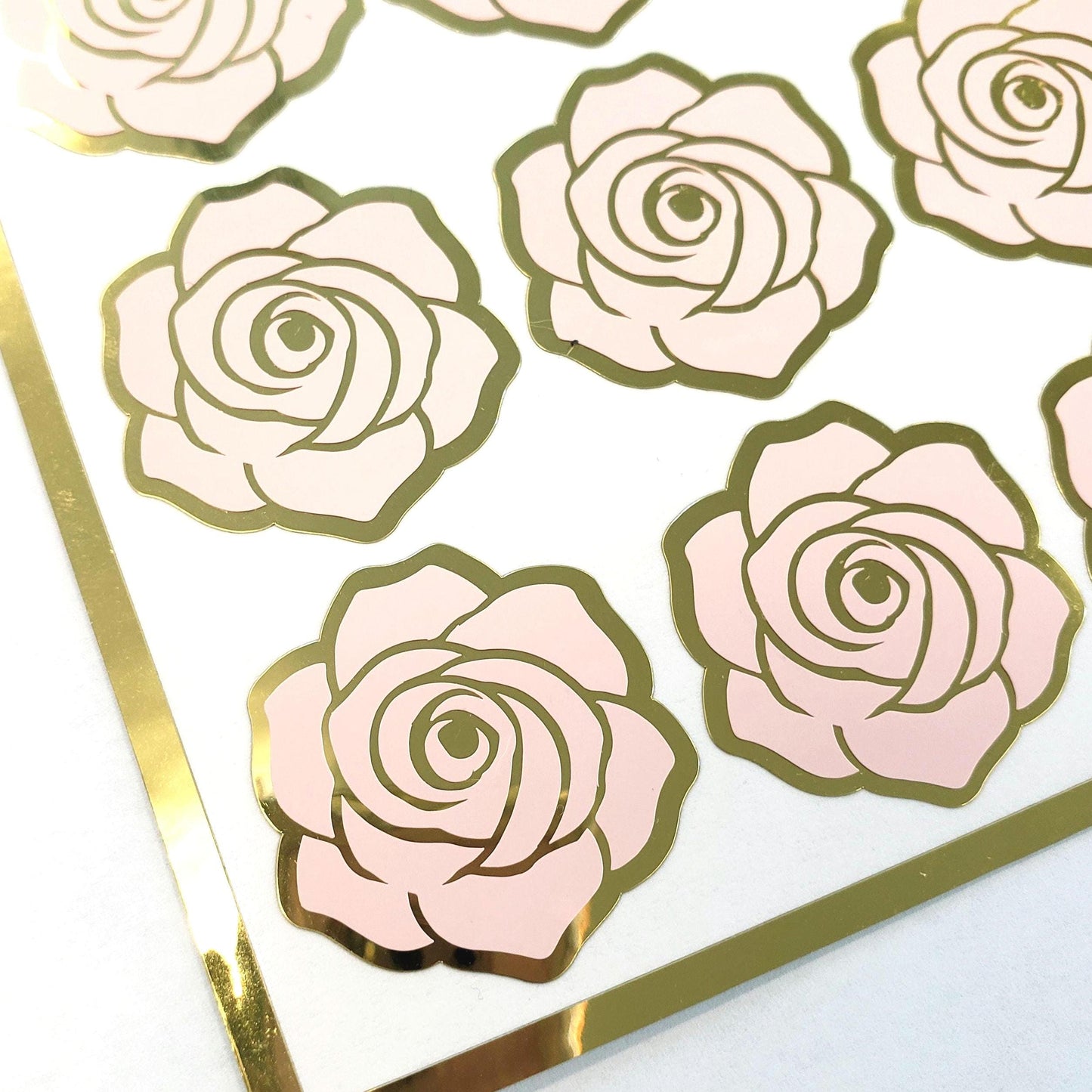 Roses Sticker Sheet, set of 15 blush pink and gold flowers for wedding decor, envelopes, notebooks, journals, laptops and spring crafts.