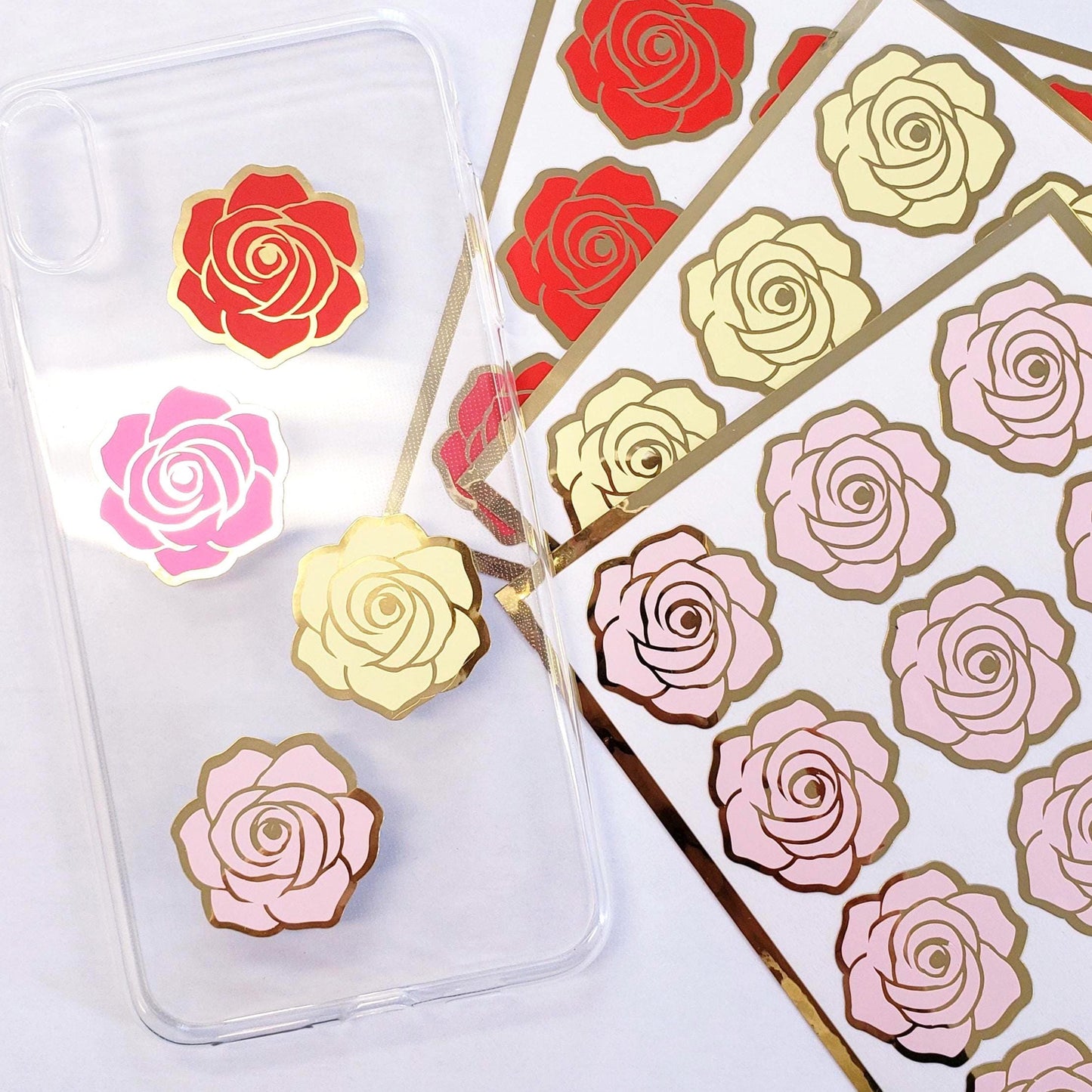 Coral Roses Sticker Sheet, set of 15 peach and gold flowers for garden wedding, envelopes, notebooks, journals, laptops and crafts.