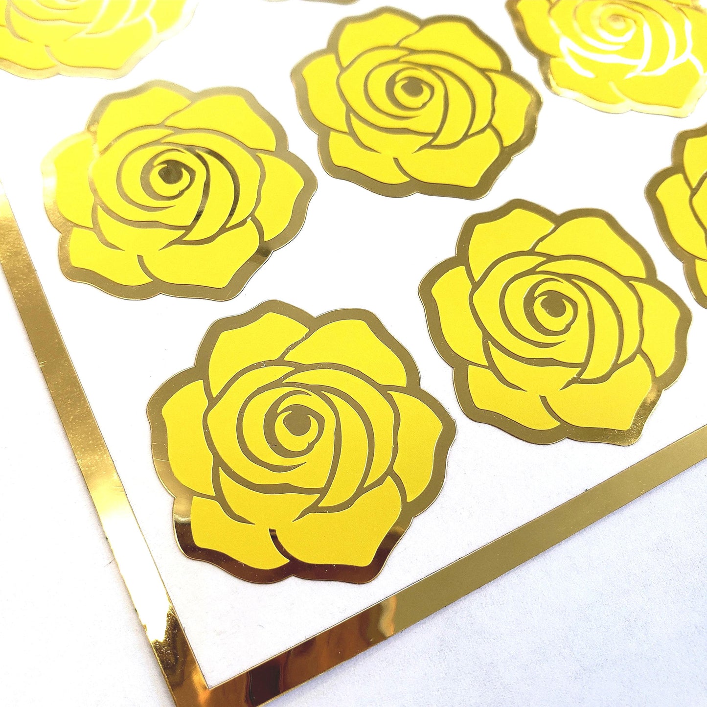 Yellow Roses Sticker Sheet, set of 15 lemon yellow and gold flowers for garden wedding, envelopes, notebooks, journals, laptops and crafts.