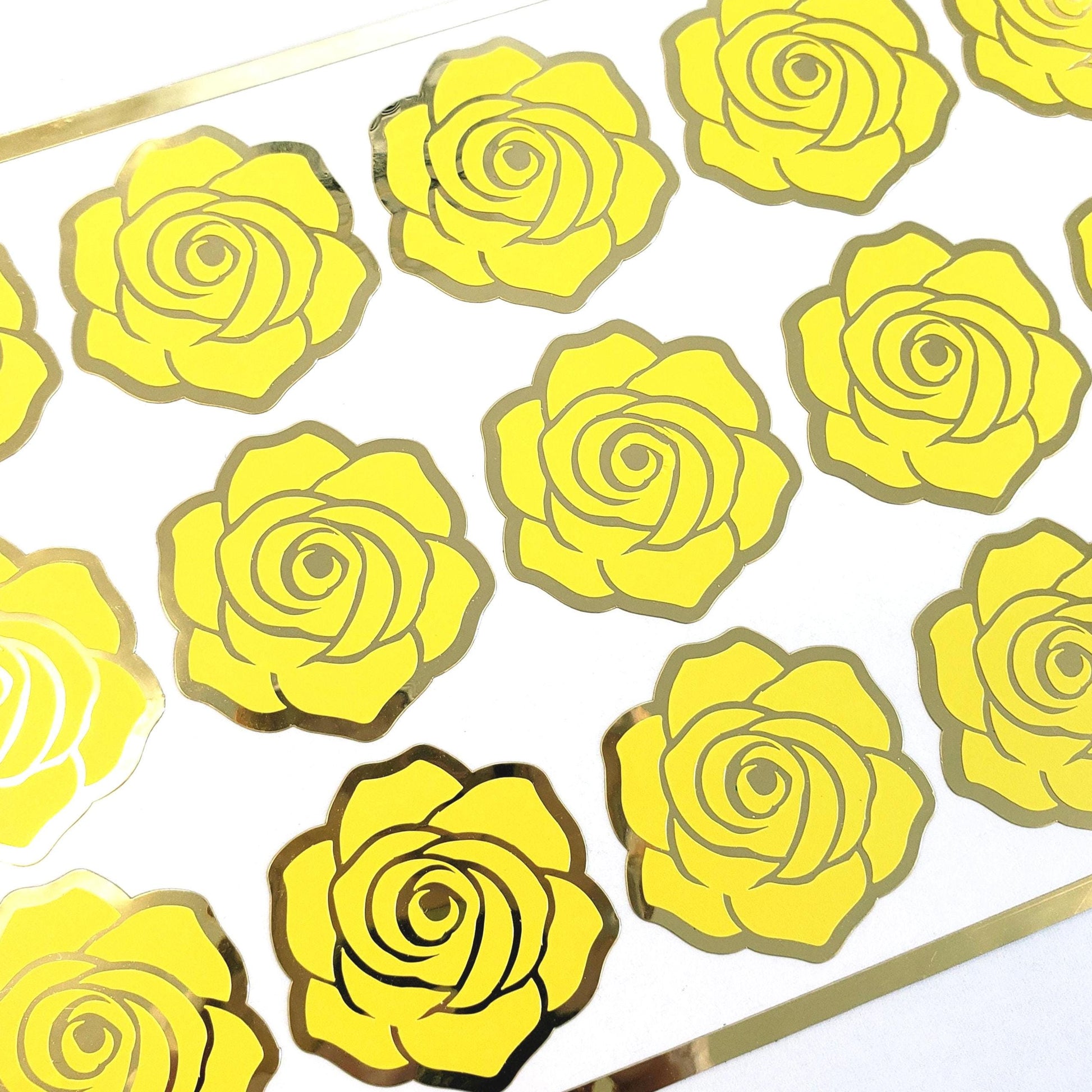 Yellow Roses Sticker Sheet, set of 15 lemon yellow and gold flowers for garden wedding, envelopes, notebooks, journals, laptops and crafts.