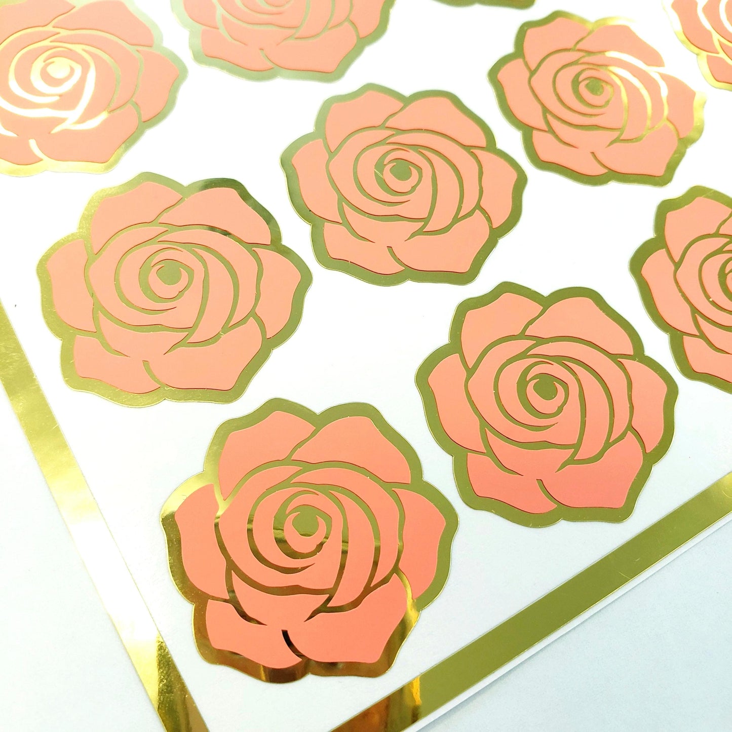 Coral Roses Sticker Sheet, set of 15 peach and gold flowers for garden wedding, envelopes, notebooks, journals, laptops and crafts.