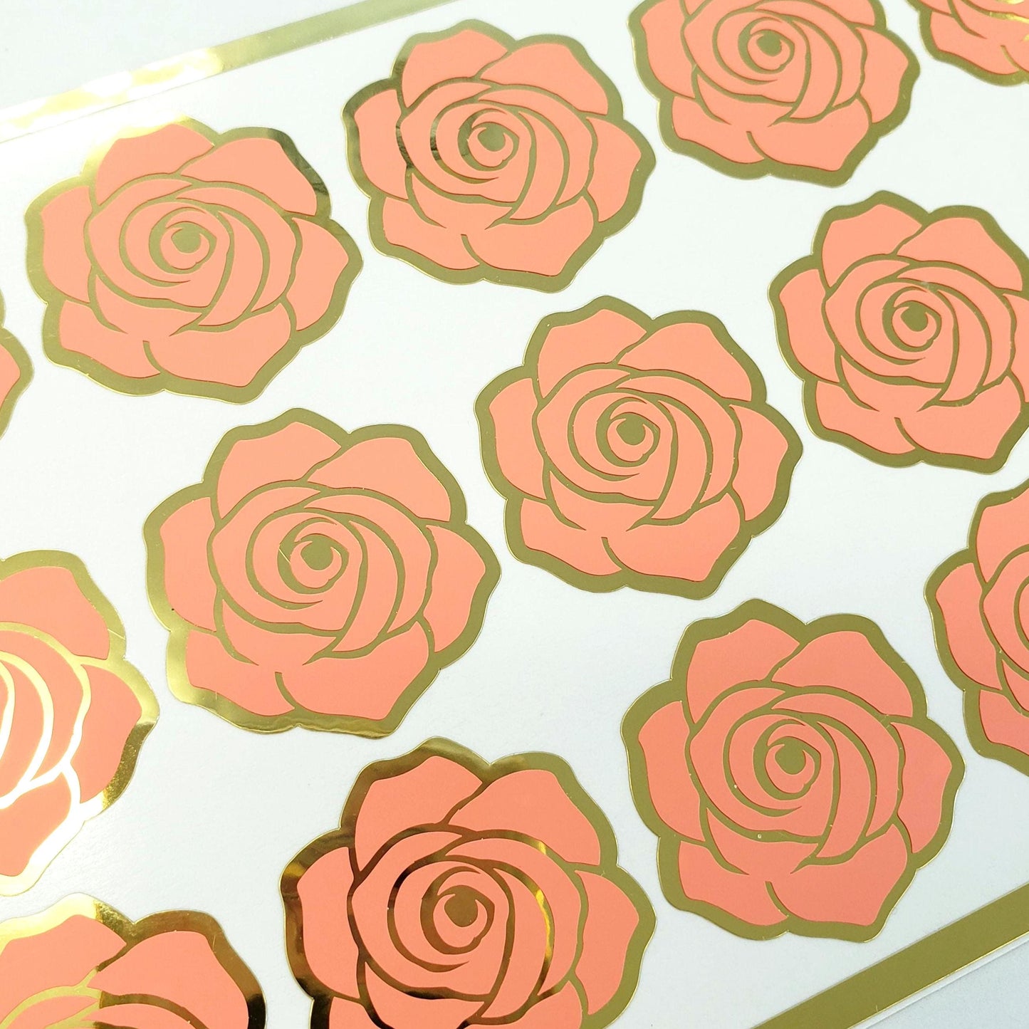 Coral Roses Sticker Sheet, set of 15 peach and gold flowers for garden wedding, envelopes, notebooks, journals, laptops and crafts.