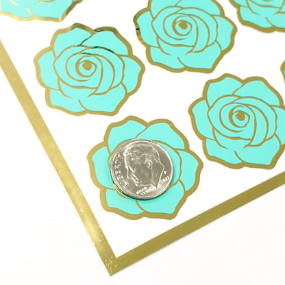 Mint Green Roses Sticker Sheet, set of 15 rose blooms for spring weddings, envelopes, notebooks, journals, laptops, phone covers and crafts.