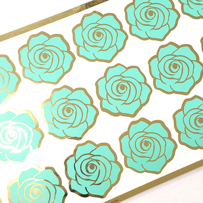 Mint Green Roses Sticker Sheet, set of 15 rose blooms for spring weddings, envelopes, notebooks, journals, laptops, phone covers and crafts.