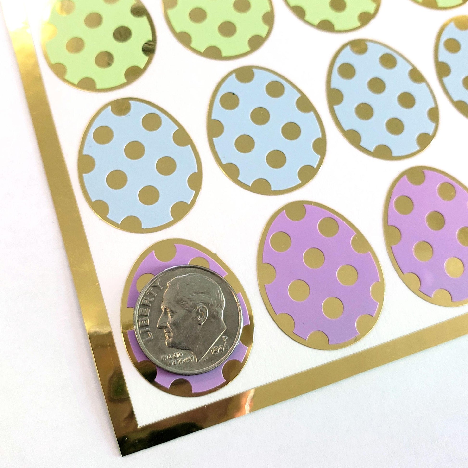 Pretty Pastel Easter Egg Stickers, set of 30 colorful polka dot egg decals for cards, journals and scrapbook embellishments. Gold outline.