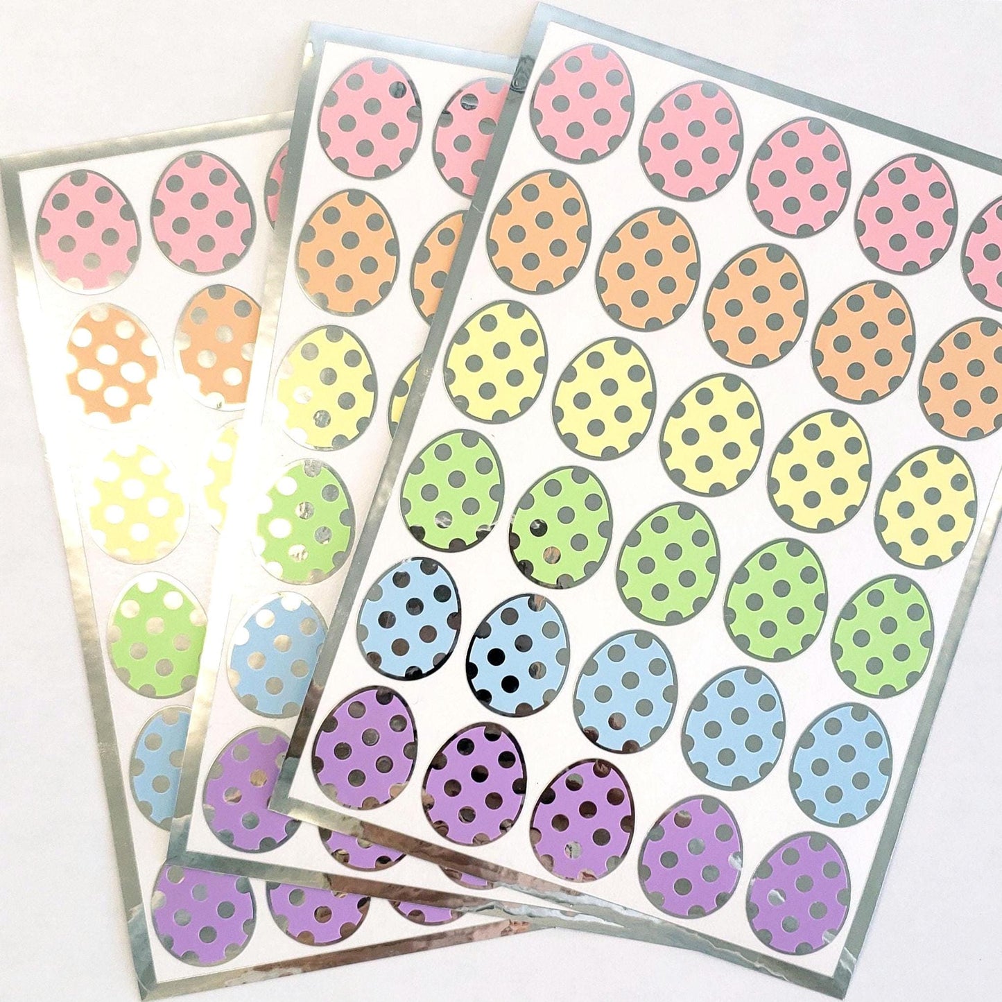 Pretty Pastel Easter Egg Stickers, set of 30 colorful polka dot egg decals for cards, journals and scrapbook embellishments. Silver outline