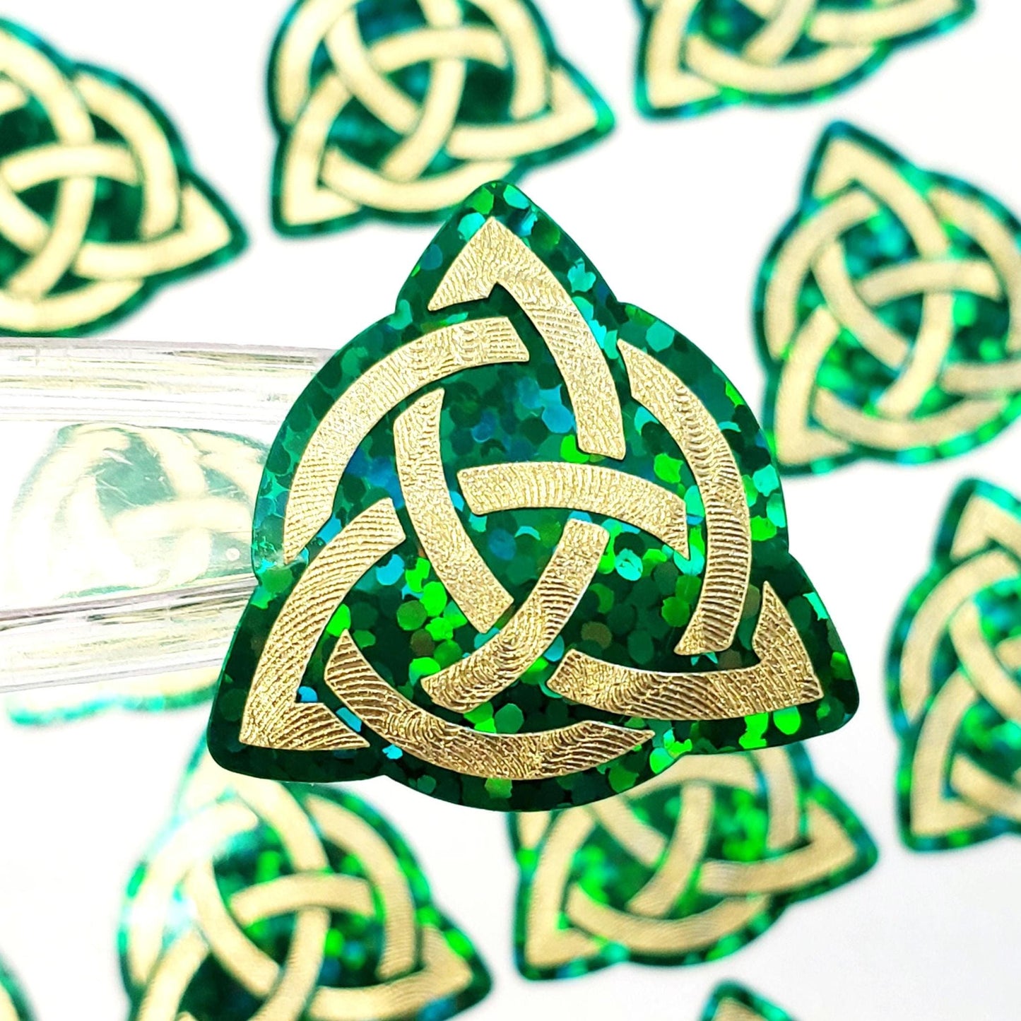 Celtic Trinity Knot Stickers – 20 Gold Knot Stickers on Sparkly Green Background – Irish Symbol – Peel & Stick Vinyl.