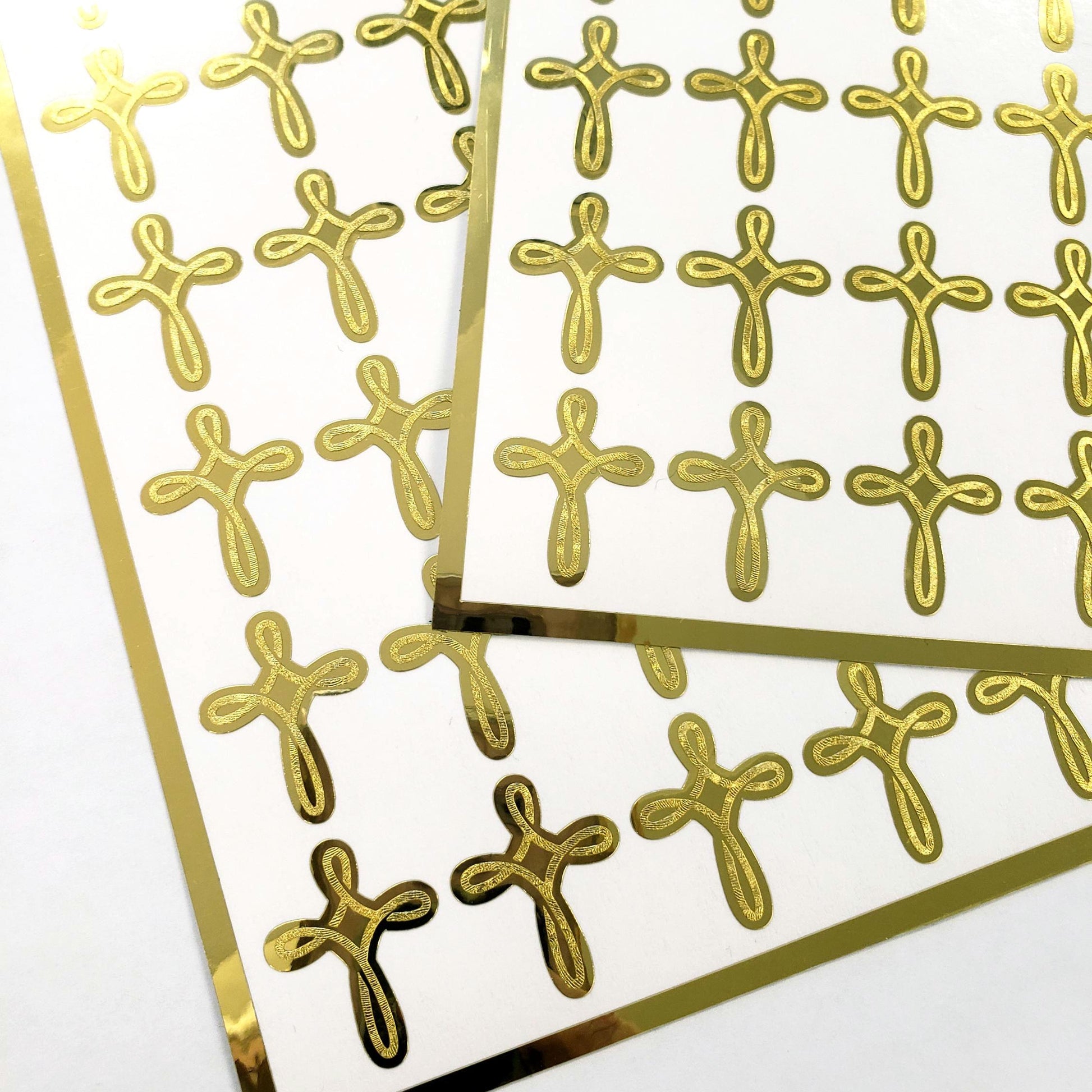 Gold Cross Stickers – 30 Metallic & Mirror Gold Cross Decals – Elegant Christian Stickers for church service, bible club and christenings.