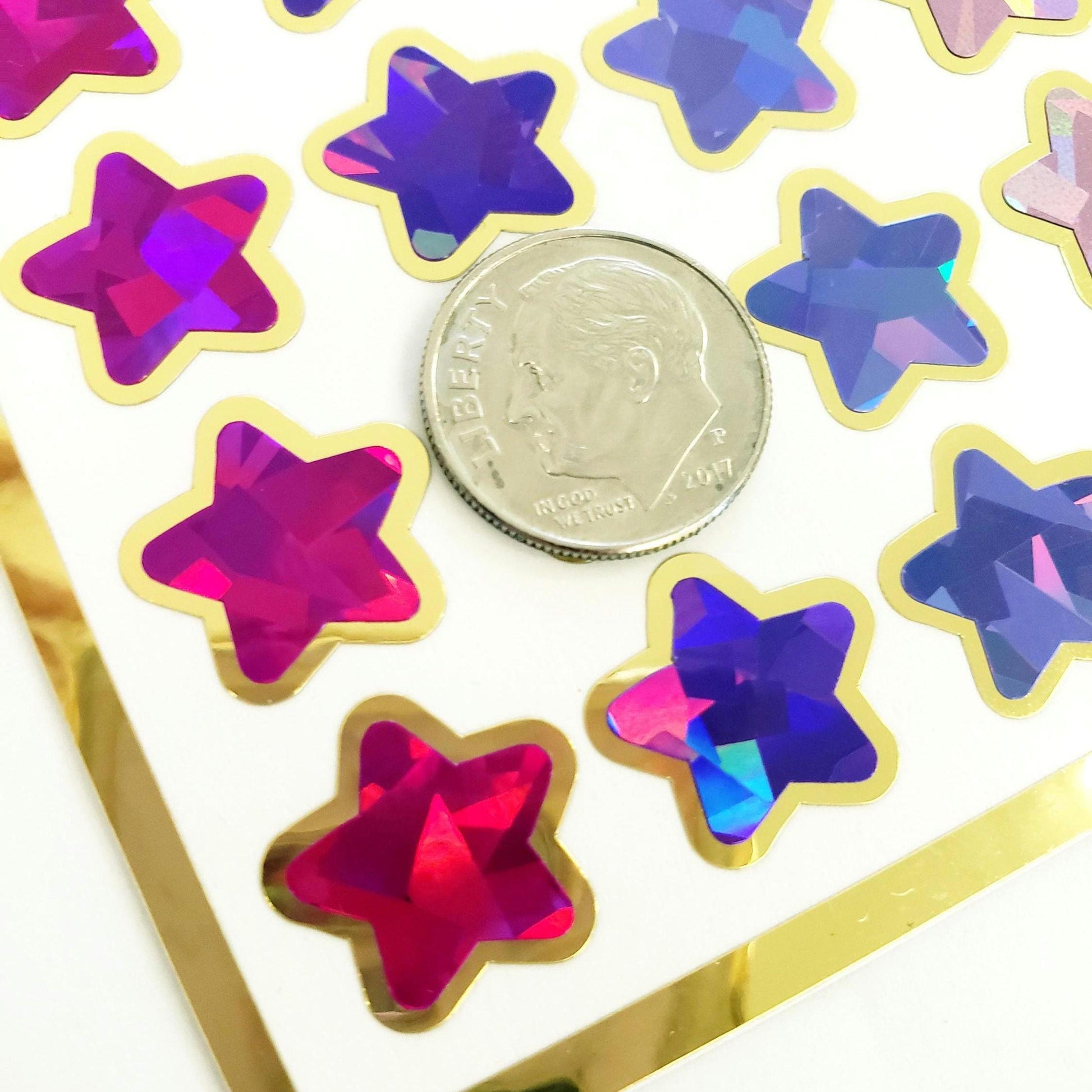 Sparkly Star Stickers in pink, purple, red and orange, set of 70 stars for Journals, Charts, Trackers and Princess Birthday. Gold Outline