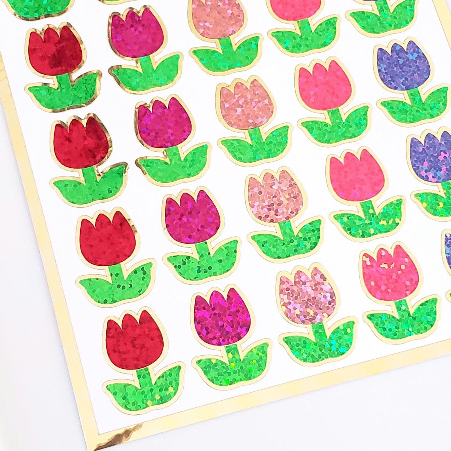 Tulip Stickers, set of 30 small sparkly spring flowers for scrapbook pages, Easter cards, envelopes and journal embellishments.