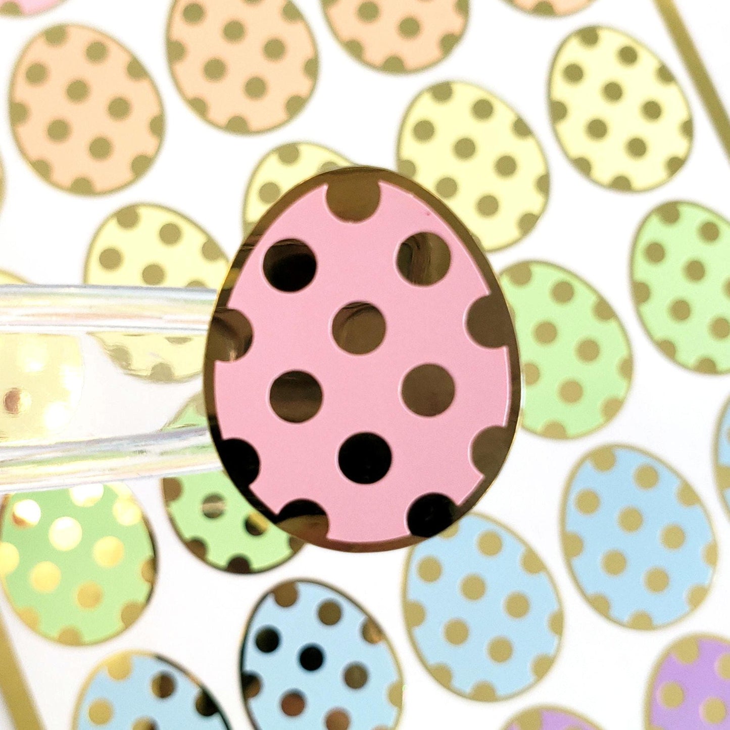 Pretty Pastel Easter Egg Stickers, set of 30 colorful polka dot egg decals for cards, journals and scrapbook embellishments. Gold outline.