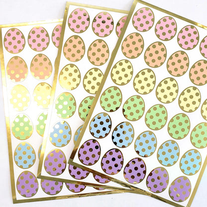 Pretty Pastel Easter Egg Stickers, set of 30 colorful polka dot egg decals for cards, journals and scrapbook embellishments. Gold outline.