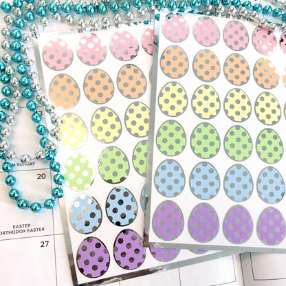 Pretty Pastel Easter Egg Stickers, set of 30 colorful polka dot egg decals for cards, journals and scrapbook embellishments. Silver outline