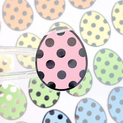 Pretty Pastel Easter Egg Stickers, set of 30 colorful polka dot egg decals for cards, journals and scrapbook embellishments. Silver outline