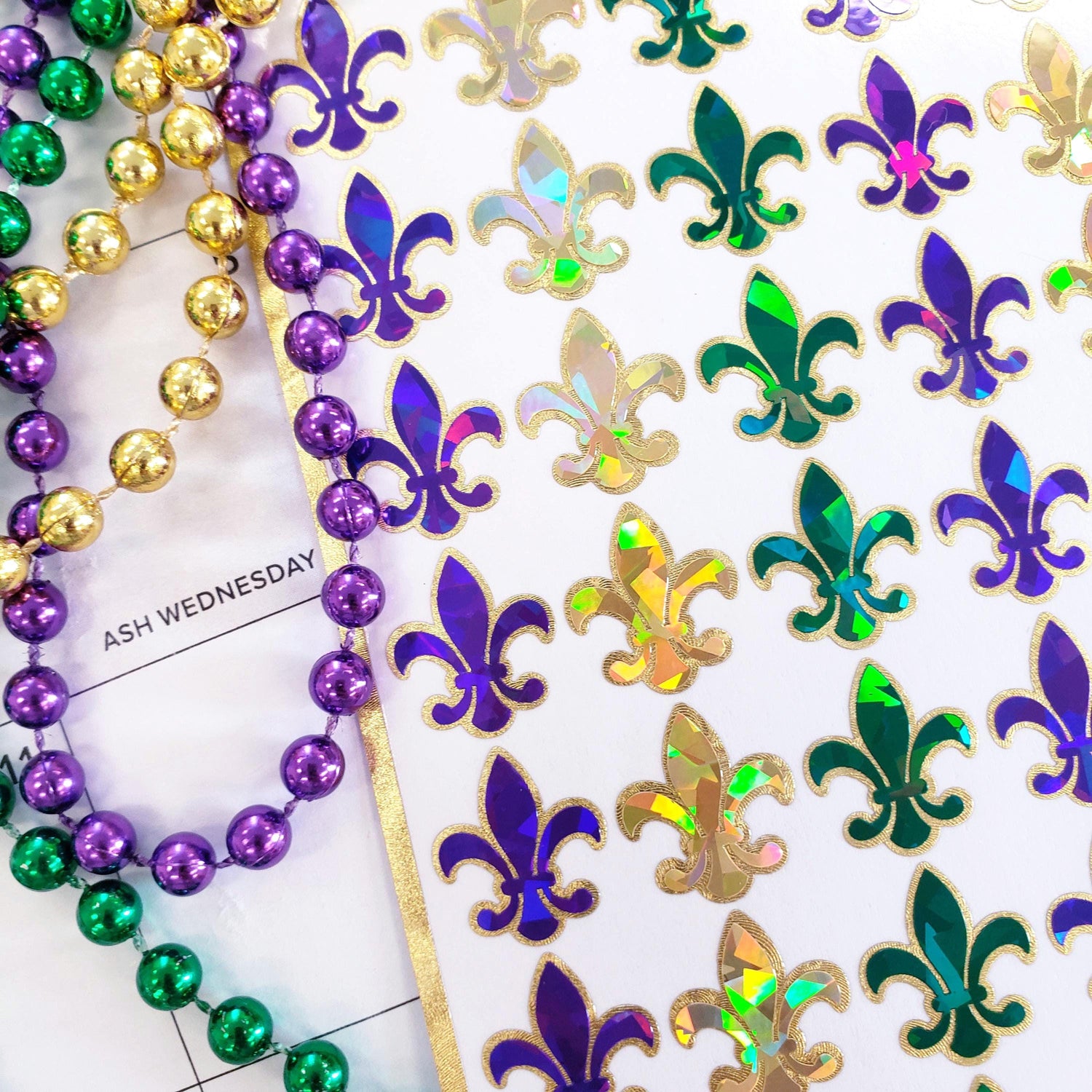 Mardi Gras Stickers, set of 48 purple green and gold French Fleur de Lis sparkly stickers, Louisiana flower symbol, Fat Tuesday stickers.